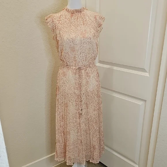Oasis Peach Cream Patterned Flutter Sleeve Pleated Skirt Midi Spring Dress Sz 12 - Picture 9 of 9